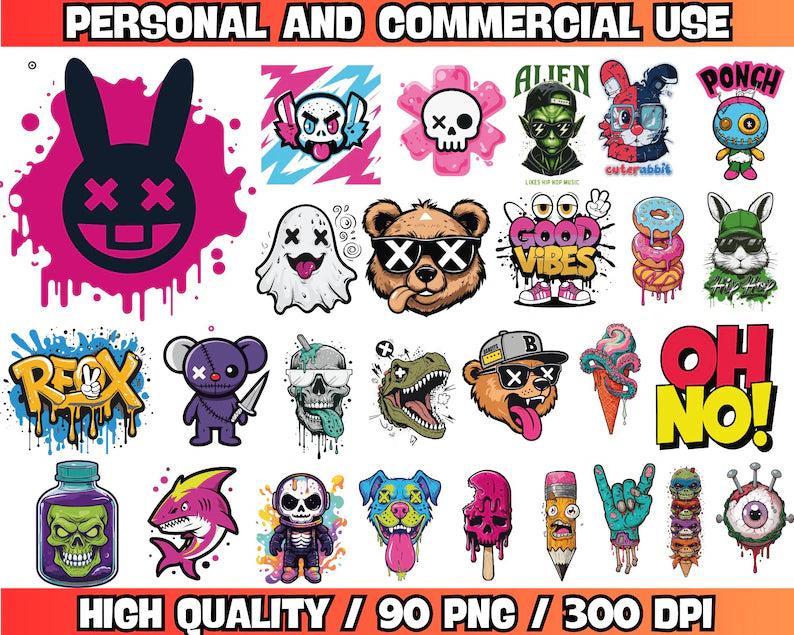 Pack de 90 diseños Vectores de camisetas urbanas PNG y AI Premium