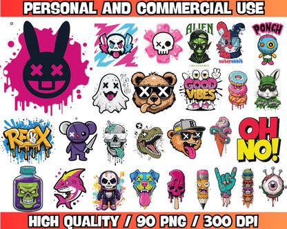 Pack de 90 diseños Vectores de camisetas urbanas PNG y AI Premium